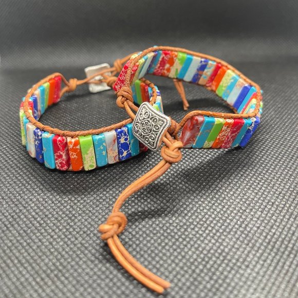 Set Of 2  7 Chakra Bracelets with Real Stones Leather Wrap Healing Bead Bracelet - Picture 2 of 4